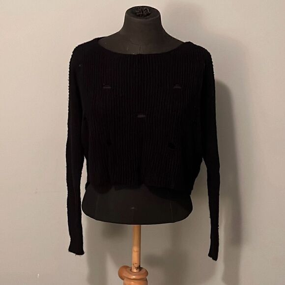 Express Womens Black Ribbed Boat Neck Distressed Cropped Pullover Sweater Medium - Picture 1 of 7